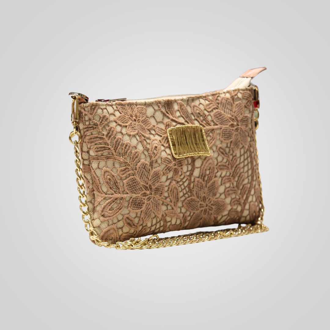 Borsa bustina in pizzo beige con tracolla - fianco